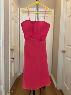 Mori Lee Fuchsia Strapless Chiffon Midi with Beaded Twist
